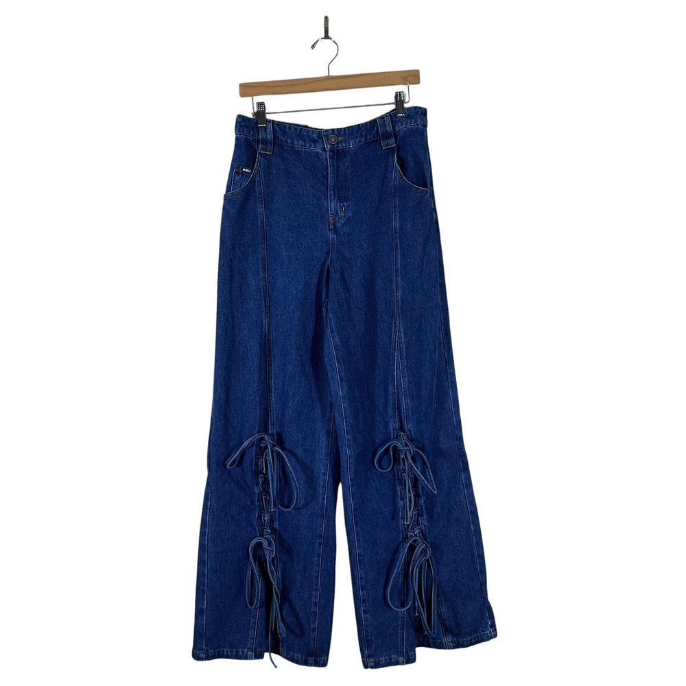 Minga London Lamb Patch Lace Up Wide Leg Jeans Blue Cottagecore Kitsch Size 28